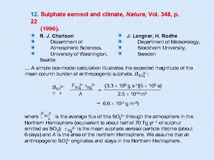 12. Sulphate aerosol and climate, Nature, Vol. 348, p. 22 (1990). R. J. Charlson