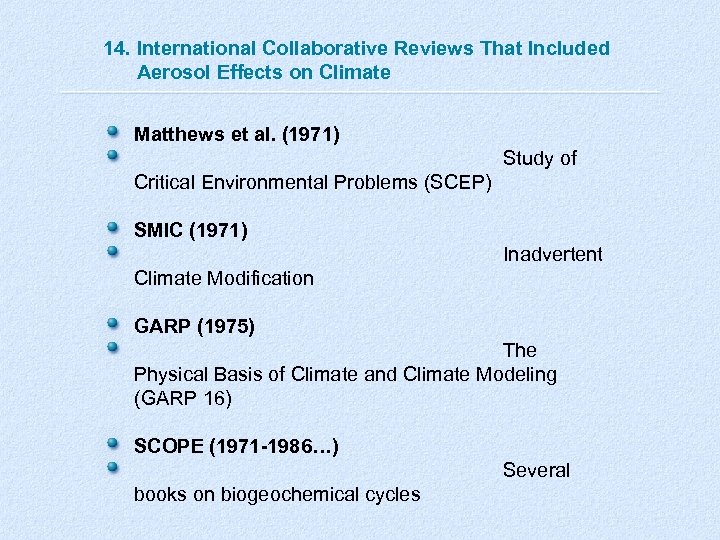 14. International Collaborative Reviews That Included Aerosol Effects on Climate Matthews et al. (1971)