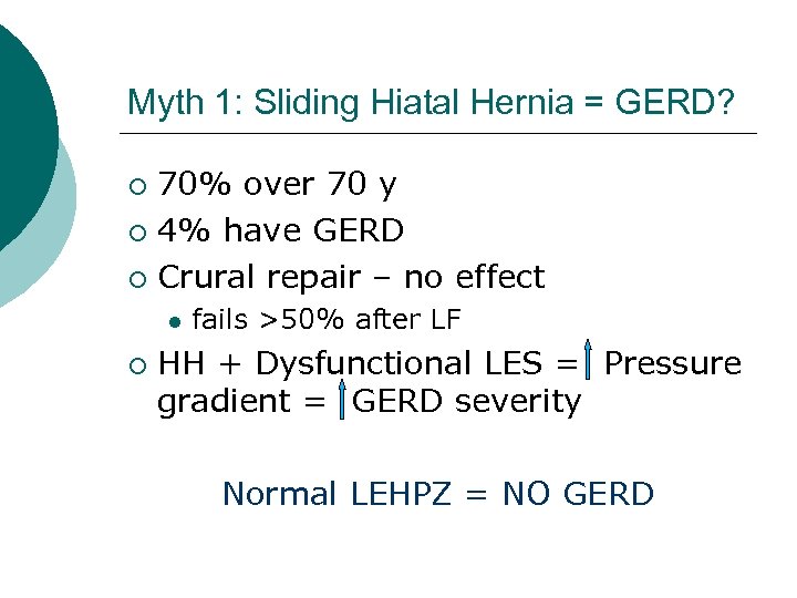 Myth 1: Sliding Hiatal Hernia = GERD? 70% over 70 y ¡ 4% have