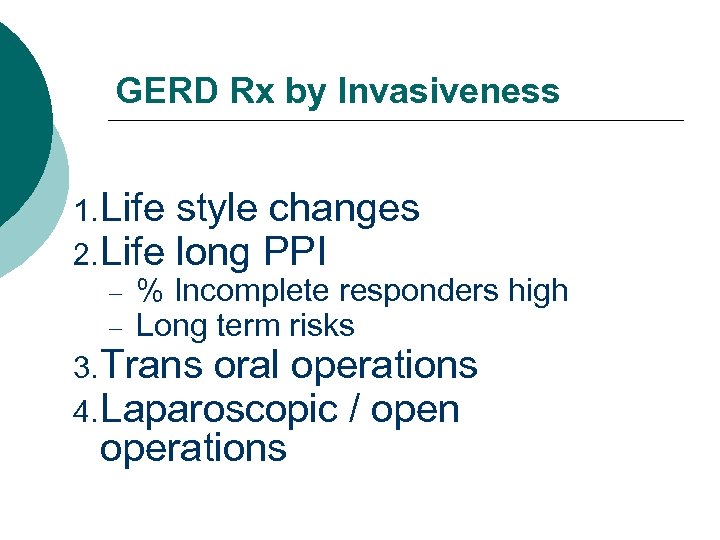 GERD Rx by Invasiveness 1. Life style changes 2. Life long PPI % Incomplete