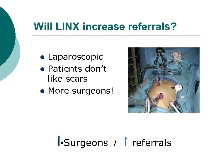 Will LINX increase referrals? Laparoscopic Patients don’t like scars More surgeons! • Surgeons ≠