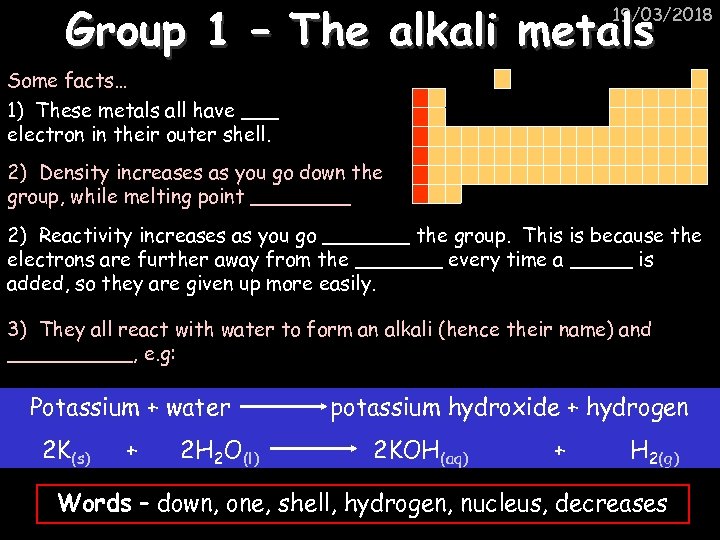 Group 1 – The alkali metals 19/03/2018 Some facts… 1) These metals all have