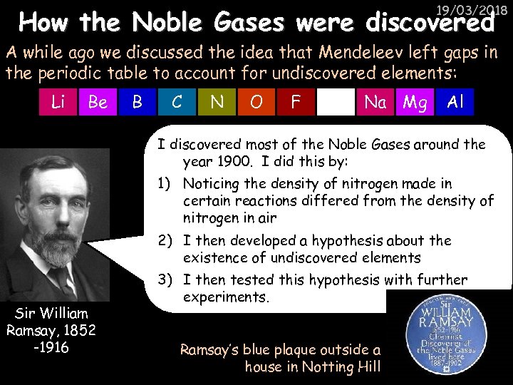 19/03/2018 How the Noble Gases were discovered A while ago we discussed the idea