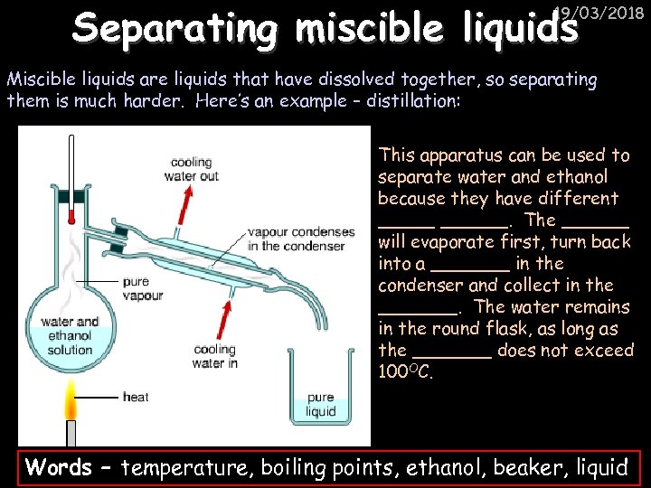 Separating miscible liquids 19/03/2018 Miscible liquids are liquids that have dissolved together, so separating