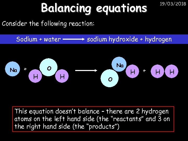 Balancing equations 19/03/2018 Consider the following reaction: Sodium + water Na + sodium hydroxide