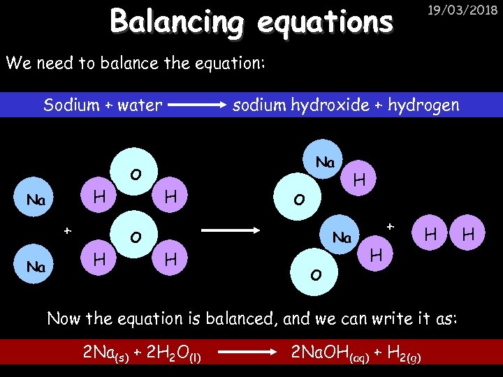 Balancing equations 19/03/2018 We need to balance the equation: Sodium + water sodium hydroxide