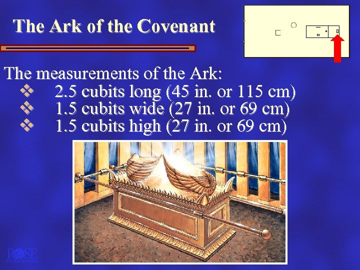 The Ark of the Covenant The measurements of the Ark: v 2. 5 cubits