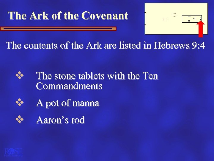 The Ark of the Covenant The contents of the Ark are listed in Hebrews