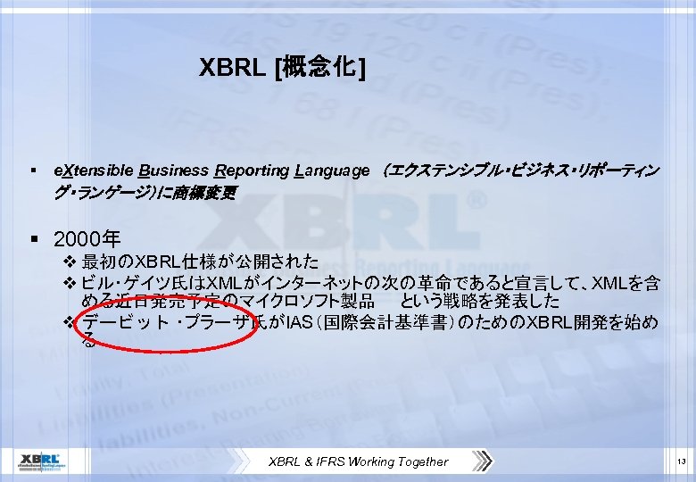 XBRL [概念化] § e. Xtensible Business Reporting Language　（エクステンシブル・ビジネス・リポーティン グ・ランゲージ）に商標変更 § 2000年 v 最初のXBRL仕様が公開された v