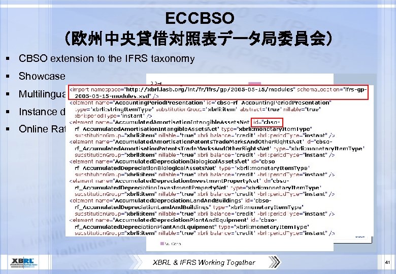 ECCBSO　 （欧州中央貸借対照表データ局委員会） § CBSO extension to the IFRS taxonomy § Showcase § Multilingual spreadsheet
