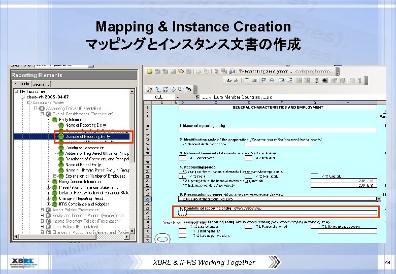Mapping & Instance Creation マッピングとインスタンス文書の作成 XBRL & IFRS Working Together 44 