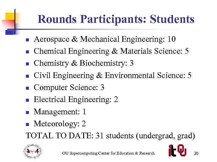 Rounds Participants: Students Aerospace & Mechanical Engineering: 10 n Chemical Engineering & Materials Science: