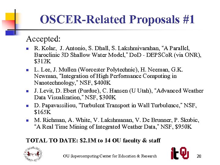 OSCER-Related Proposals #1 Accepted: n n n R. Kolar, J. Antonio, S. Dhall, S.