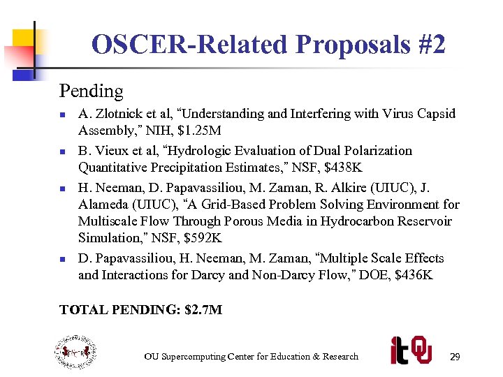 OSCER-Related Proposals #2 Pending n n A. Zlotnick et al, “Understanding and Interfering with