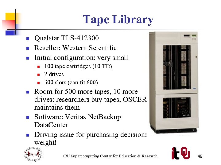 Tape Library n n n Qualstar TLS-412300 Reseller: Western Scientific Initial configuration: very small