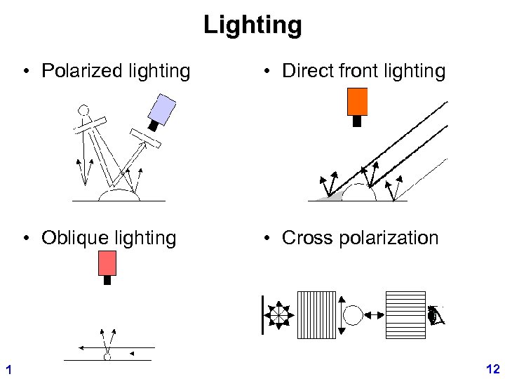 Lighting • Polarized lighting • Oblique lighting 1 • Direct front lighting • Cross