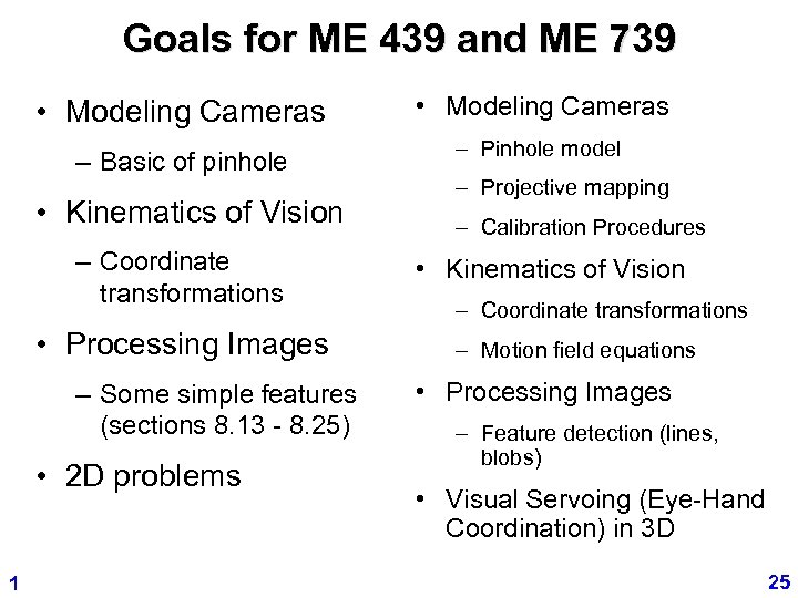 Goals for ME 439 and ME 739 • Modeling Cameras – Basic of pinhole