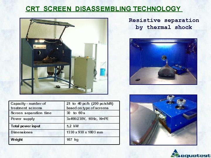 CRT SCREEN DISASSEMBLING TECHNOLOGY Resistive separation by thermal shock Capacity - number of treatment