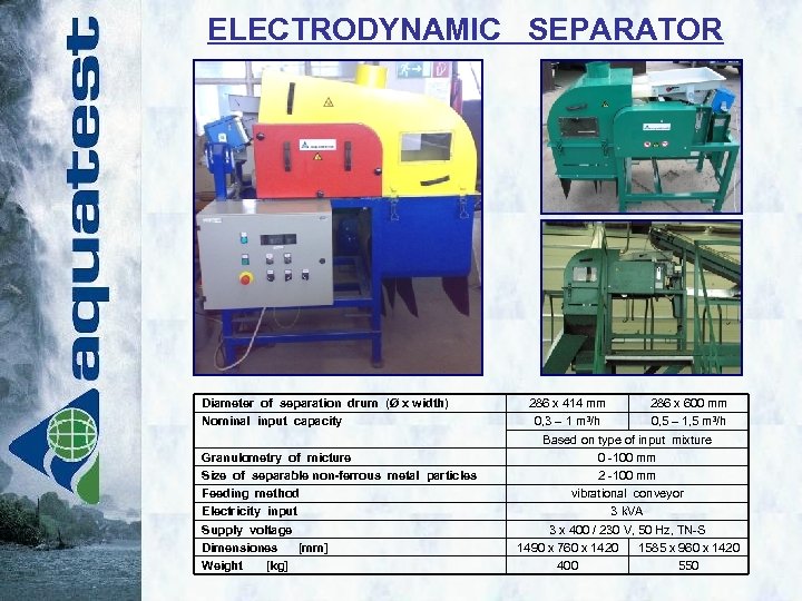 ELECTRODYNAMIC SEPARATOR Diameter of separation drum (Ø x width) Nominal input capacity Granulometry of