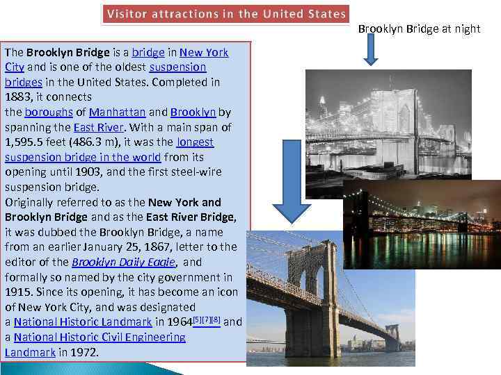 Brooklyn Bridge at night The Brooklyn Bridge is a bridge in New York City