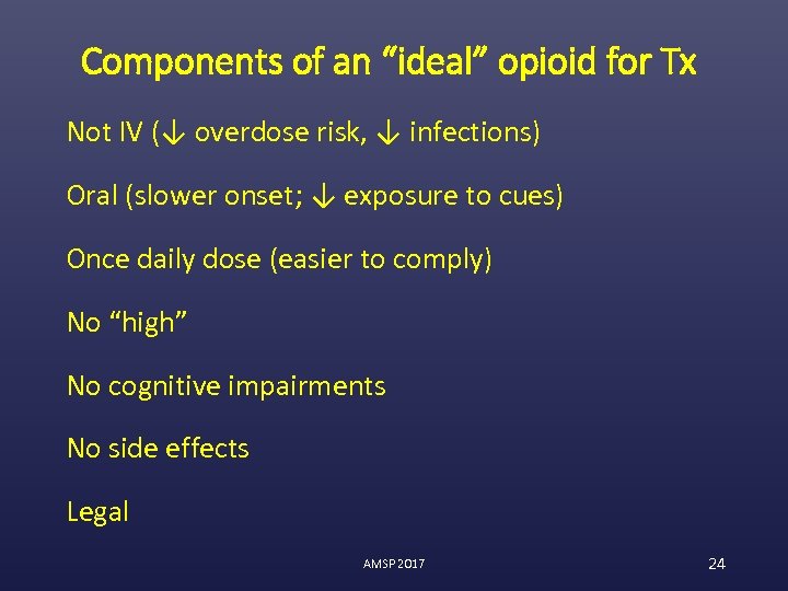Components of an “ideal” opioid for Tx Not IV (↓ overdose risk, ↓ infections)