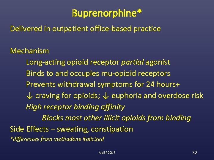 Buprenorphine* Delivered in outpatient office-based practice Mechanism Long-acting opioid receptor partial agonist Binds to