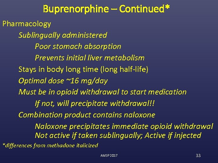 Buprenorphine – Continued* Pharmacology Sublingually administered Poor stomach absorption Prevents initial liver metabolism Stays