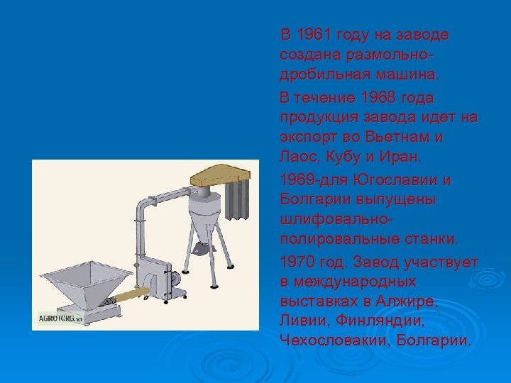 В 1961 году на заводе создана размольнодробильная машина. В течение 1968 года продукция завода