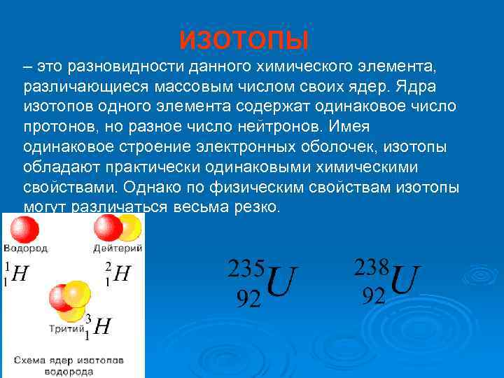 ИЗОТОПЫ – это разновидности данного химического элемента, различающиеся массовым числом своих ядер. Ядра изотопов