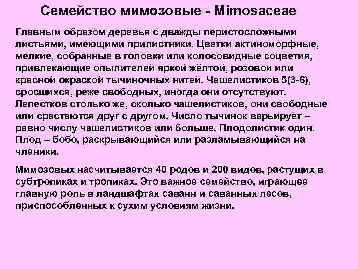 Семейство мимозовые - Mimosaceae Главным образом деревья с дважды перистосложными листьями, имеющими прилистники. Цветки