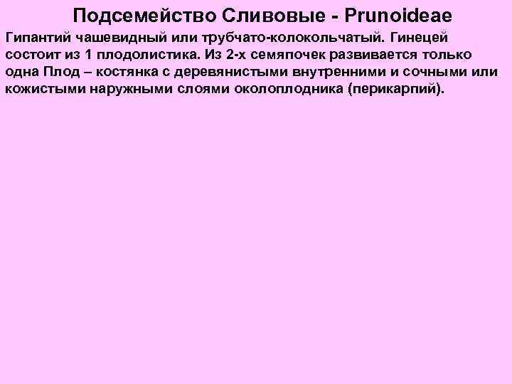 Подсемейство Сливовые - Prunoideae Гипантий чашевидный или трубчато-колокольчатый. Гинецей состоит из 1 плодолистика. Из