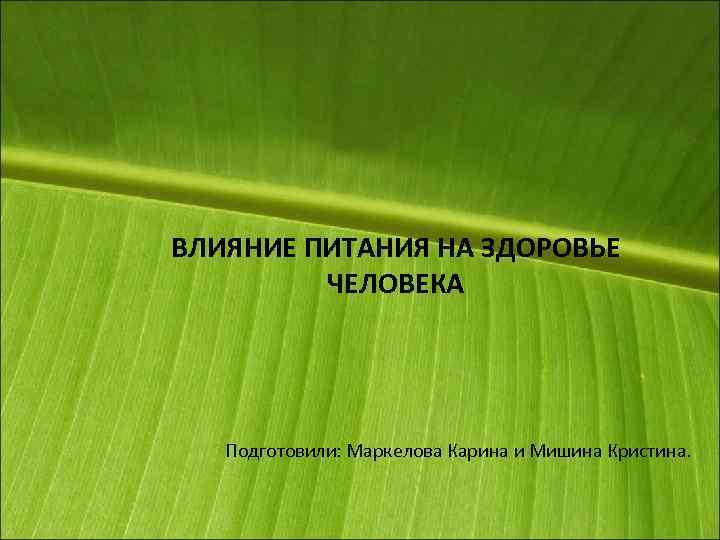 ВЛИЯНИЕ ПИТАНИЯ НА ЗДОРОВЬЕ ЧЕЛОВЕКА Подготовили: Маркелова Карина и Мишина Кристина. 