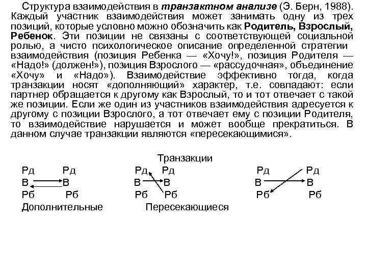 Структура взаимодействия в транзактном анализе (Э. Берн, 1988). Каждый участник взаимодействия может занимать одну