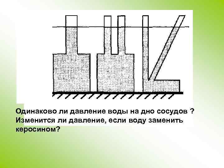 Одинаково ли давление воды на дно сосудов ? Изменится ли давление, если воду заменить