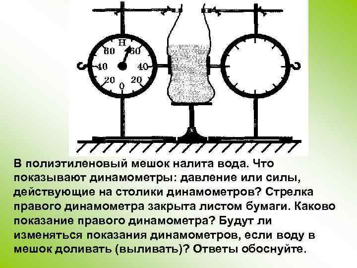 В полиэтиленовый мешок налита вода. Что показывают динамометры: давление или силы, действующие на столики