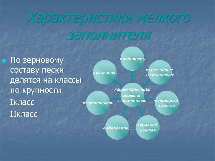 Характеристики мелкого заполнителя n - плотность По зерновому пылевидные составу пески прочность и глинистые