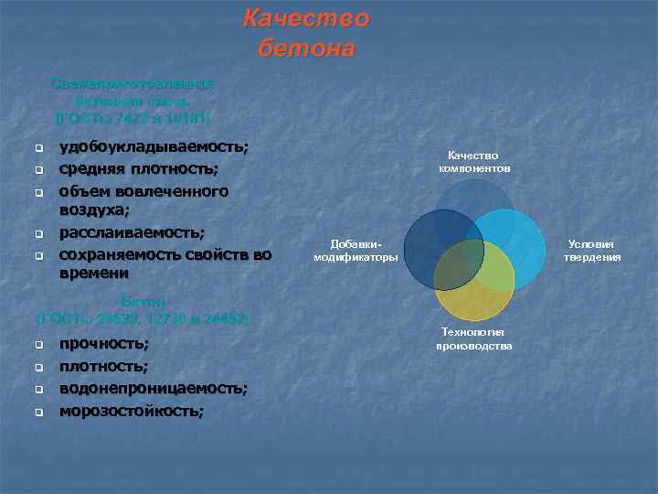 Качество бетона Свежеприготовленная бетонная смесь (ГОСТы 7473 и 10181) q q q удобоукладываемость; средняя