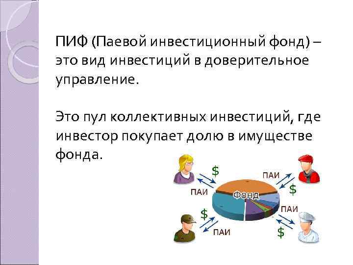 ПИФ (Паевой инвестиционный фонд) – это вид инвестиций в доверительное управление. Это пул коллективных