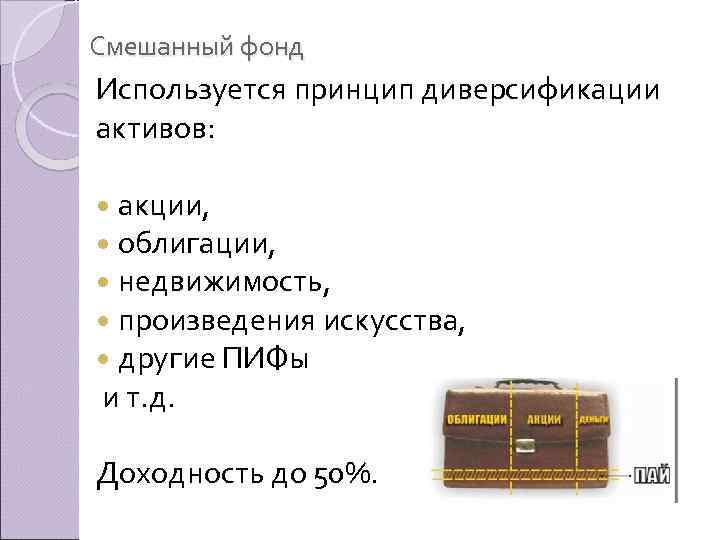 Смешанный фонд Используется принцип диверсификации активов: акции, облигации, недвижимость, произведения искусства, другие ПИФы и