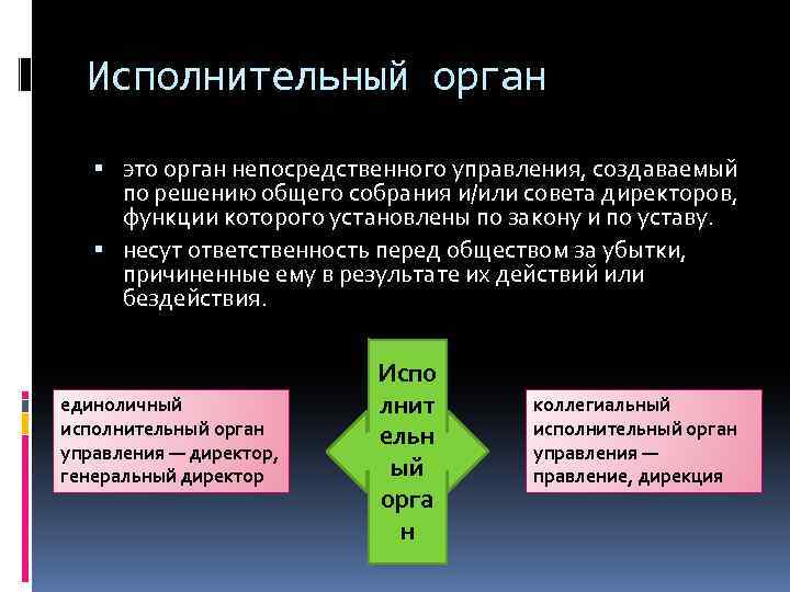 Исполнительный орган это орган непосредственного управления, создаваемый по решению общего собрания и/или совета директоров,