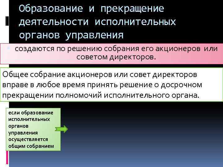 Образование и прекращение деятельности исполнительных органов управления создаются по решению собрания его акционеров или