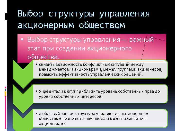 Выбор структуры управления акционерным обществом Выбор структуры управления — важный этап при создании акционерного