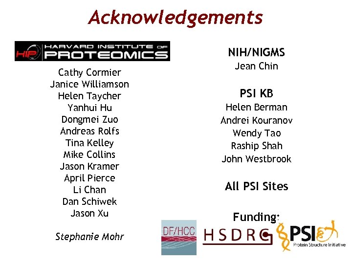 Acknowledgements NIH/NIGMS Cathy Cormier Janice Williamson Helen Taycher Yanhui Hu Dongmei Zuo Andreas Rolfs