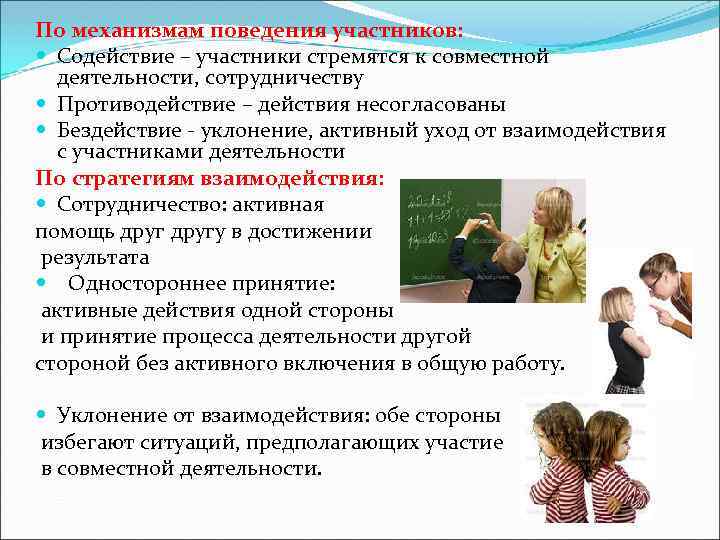 По механизмам поведения участников: Содействие – участники стремятся к совместной деятельности, сотрудничеству Противодействие –