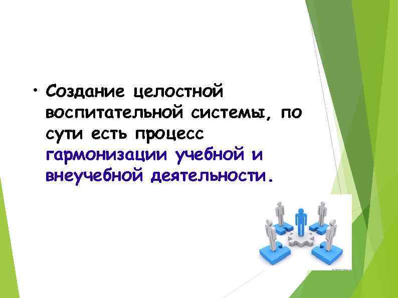  • Создание целостной воспитательной системы, по сути есть процесс гармонизации учебной и внеучебной