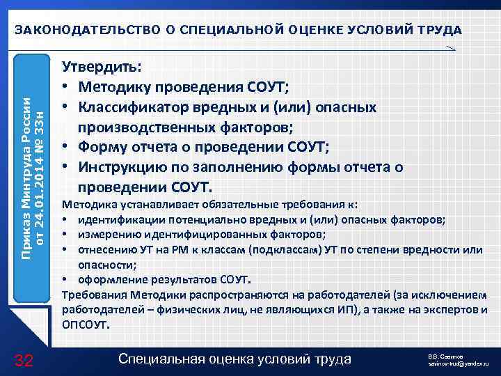 Приказ Минтруда России от 24. 01. 2014 № 33 н ЗАКОНОДАТЕЛЬСТВО О СПЕЦИАЛЬНОЙ ОЦЕНКЕ