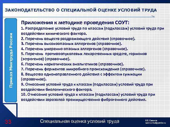 ЗАКОНОДАТЕЛЬСТВО О СПЕЦИАЛЬНОЙ ОЦЕНКЕ УСЛОВИЙ ТРУДА Приказ Минтруда России Приложения к методике проведения СОУТ: