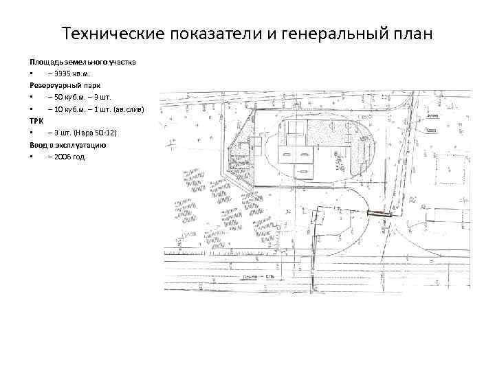 Технические показатели и генеральный план Площадь земельного участка • – 3335 кв. м. Резервуарный