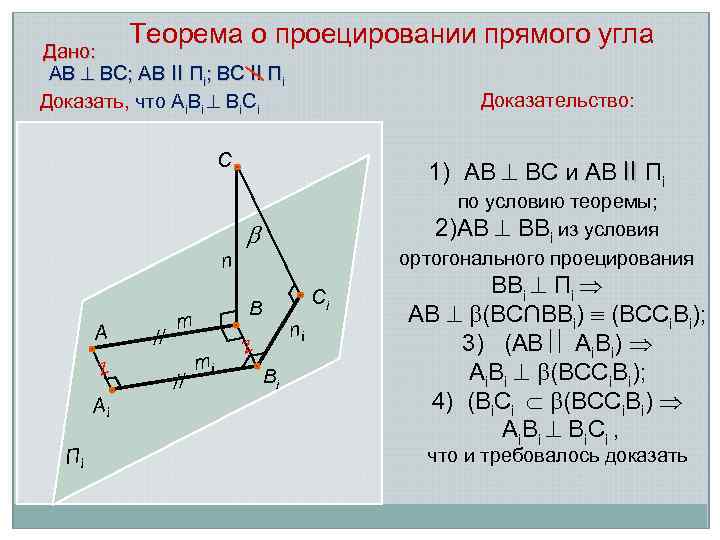 Теорема о проецировании прямого угла Дано: АВ ВС; АВ ll Пi; ВС ll Пi