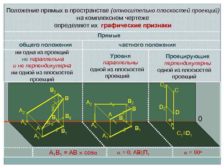 Положение прямых в пространстве (относительно плоскостей проекций) на комплексном чертеже определяют их графические признаки